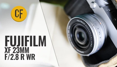 Fujifilm XF 23mm f/2.8 R WR lens mounted on a camera body, shown in silver finish.