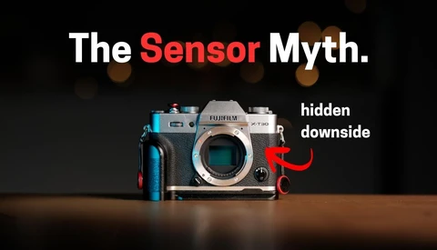 Graphic illustration of vintage film cameras with text overlay reading "The Sensor Myth" and an arrow indicating "hidden downside."