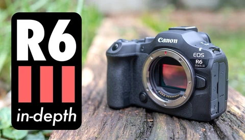 Canon EOS R6 mirrorless camera body displayed on a wooden surface with R6 in-depth review logo overlay.