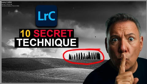Screenshot of Lightroom Classic interface showing a black and white landscape with trees, promoting 10 secret techniques.