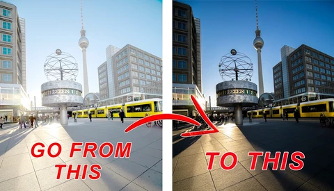 Before-and-after comparison of an urban plaza scene with dramatic lighting and processing changes.
