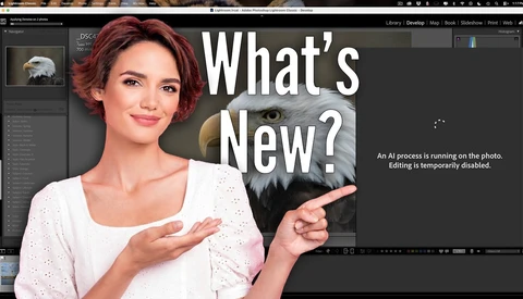 Screenshot of photo editing software showing a woman with reddish hair and text overlay reading 'What's New?' with a notification that AI processing is running.