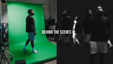 Split-screen comparison showing a model on a bright green screen during a studio photoshoot and the resulting black and white final image with multiple figures.