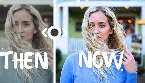 Side-by-side comparison showing a woman's portrait from two different time periods with a transition symbol between them.