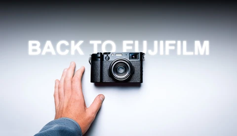 Hand reaching toward a rangefinder film camera against a gradient background with text overlay.