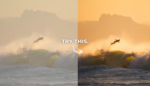 Side-by-side comparison of the same surfer and wave, with the left image showing muted, hazy tones and the right showing warm, golden color grading.