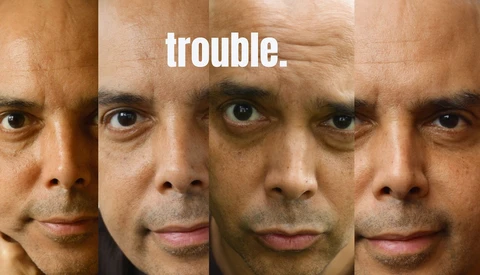 Four close-up portrait variations of the same man's face showing different expressions and lighting angles.