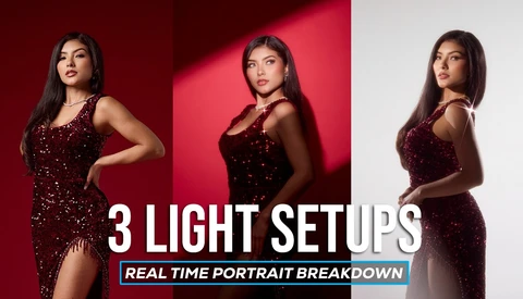 Three portrait variations of a woman in a burgundy sequined dress against different colored backdrops.