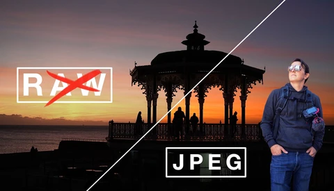 Graphic comparing RAW and JPEG file formats with a silhouetted bandstand at sunset.