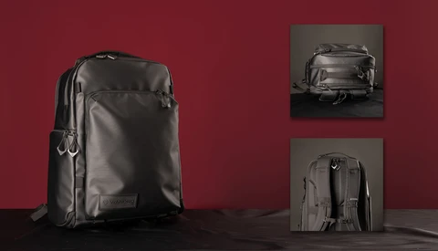 Black camera backpack displayed against burgundy background with detail shots showing interior organization