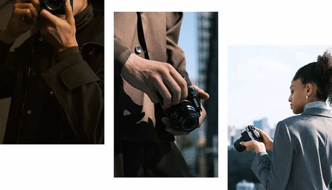 Three vertical panels showing photographers holding and operating cameras in various outdoor settings