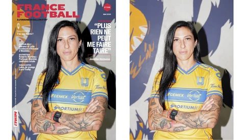 Side-by-side comparison of female athlete portrait in yellow sports jersey with visible tattoos