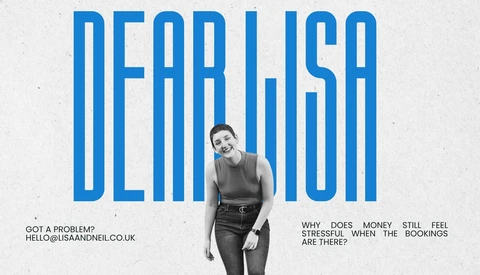 Graphic design poster featuring bold blue vertical stripes with a black and white portrait photograph of a woman centered between the text 'DEAR LISA'