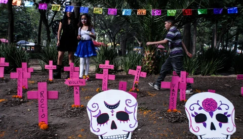 Day of the Dead memorial installation with pink crosses and decorated skull cutouts in park setting