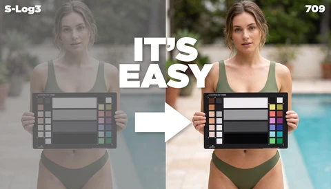Graphic showing before and after color correction comparison with color checker chart