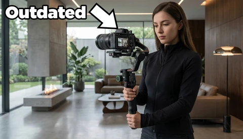 Woman operating a cinema camera mounted on a gimbal stabilizer in a modern living room
