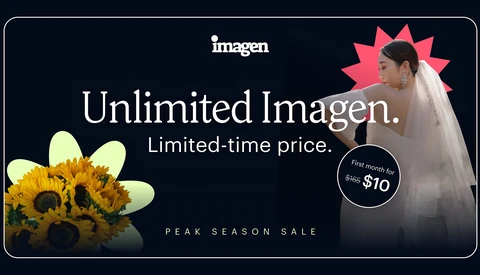Promotional graphic for Imagen subscription service featuring bride with veil and sunflowers