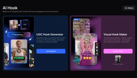 Screenshot of AI Hook platform showing UGC Hook Generator and Visual Hook Maker tools