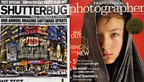 Two photography magazine covers side by side: Shutterbug and Professional Photographer