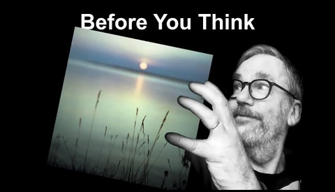Graphic showing man with glasses holding photograph of sunset landscape with text 'Before You Think'