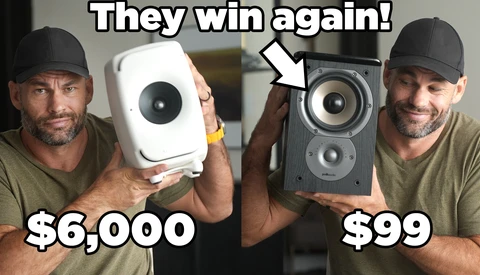 Comparison graphic showing two men holding speakers with price labels of $6,000 and $99