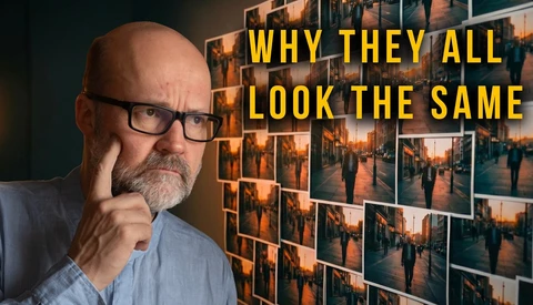 Photographer examining a grid of similar sunset street photographs pinned to a wall.