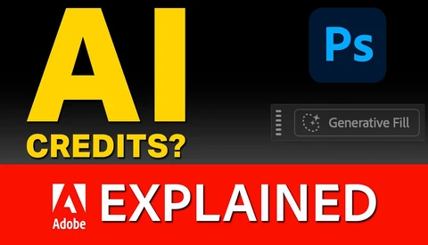 Graphic showing Photoshop Generative Fill feature with AI Credits question and Adobe branding
