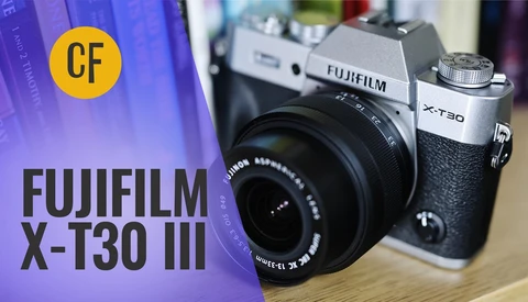 Fujifilm X-T30 II camera with interchangeable lens displayed alongside smaller X-T30 model