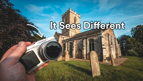 Hand holding a vintage rangefinder camera with a historic stone church and graveyard in the background