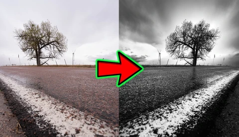 Side-by-side comparison showing contrast adjustment in landscape photography, with green arrow indicating transformation