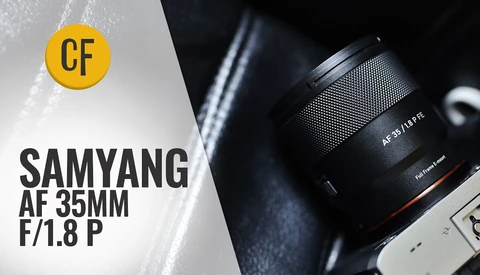 Samyang AF 35mm f/1.8 P lens with CF logo badge displayed on camera body