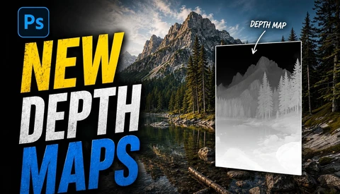 Graphic showcasing Photoshop's new depth maps feature with a mountain landscape photo and grayscale depth map preview