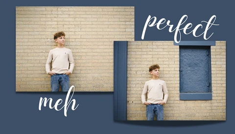 Graphic comparison showing same boy in two poses against brick wall, labeled "meh" and "perfect"