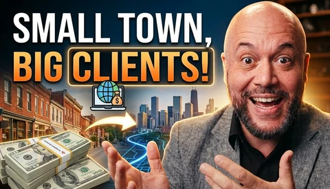 Graphic illustration featuring enthusiastic man promoting small town business growth with big city clients