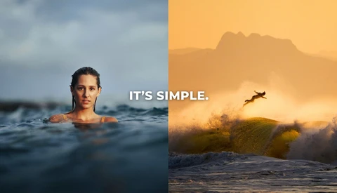 Split-screen comparison showing woman in ocean water on left and surfer riding wave at sunset on right, with text overlay reading 'IT'S SIMPLE'
