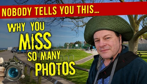 Graphic with man in green hat holding camera, overlaid with yellow text about photography