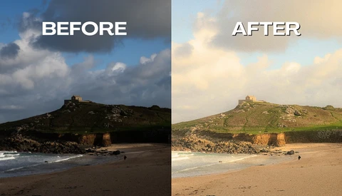 Before and after comparison of coastal beach scene with castle ruins on hillside