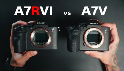 Comparison graphic of two Sony Alpha cameras held side-by-side showing A7RVI and A7V models