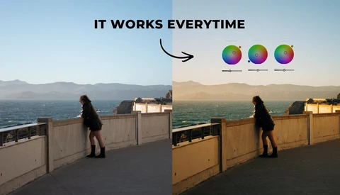 Graphic demonstrating color grading comparison with before/after pier scene and color wheel variations