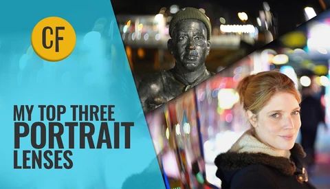 Graphic displaying portrait photography guide with statue and woman's portrait examples