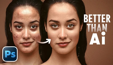 Screenshot showing before and after skin retouching comparison in Adobe Photoshop