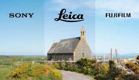 Comparison graphic showing Sony, Leica, and Fujifilm logos above a coastal landscape with a stone church