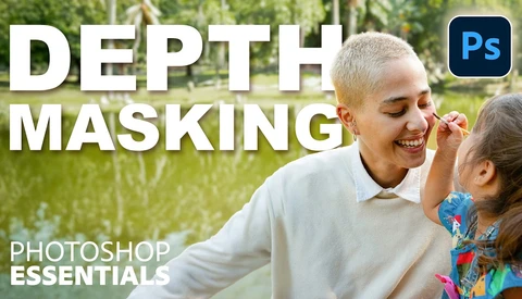 Screenshot showing Photoshop's Depth Masking tutorial with a woman and child outdoors
