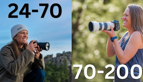Comparison graphic showing two photographers with different focal length lenses labeled 24-70 and 70-200