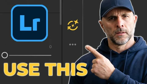 Screenshot of Adobe Lightroom interface with a man in a navy cap pointing at the screen
