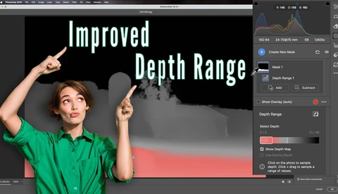 Screenshot of photo editing software showing depth range adjustment interface with a portrait of a person in green shirt pointing upward