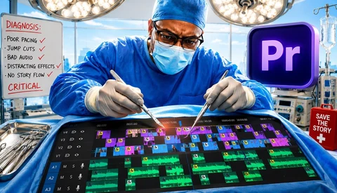 Surgeon in operating room holding tweezers over video editing timeline, Adobe Premiere Pro logo visible