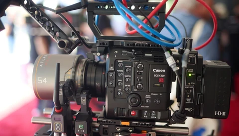 Canon C200 cinema camera mounted on rig with wireless follow focus and audio equipment