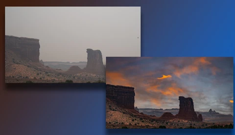 Desert landscape with towering rock formations at sunset and overcast dawn