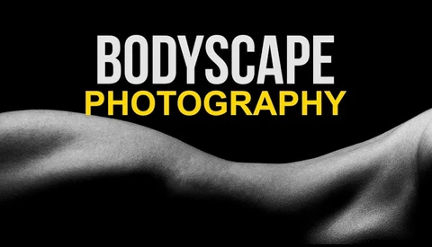 Graphic design featuring curved human form with "BODYSCAPE PHOTOGRAPHY" text